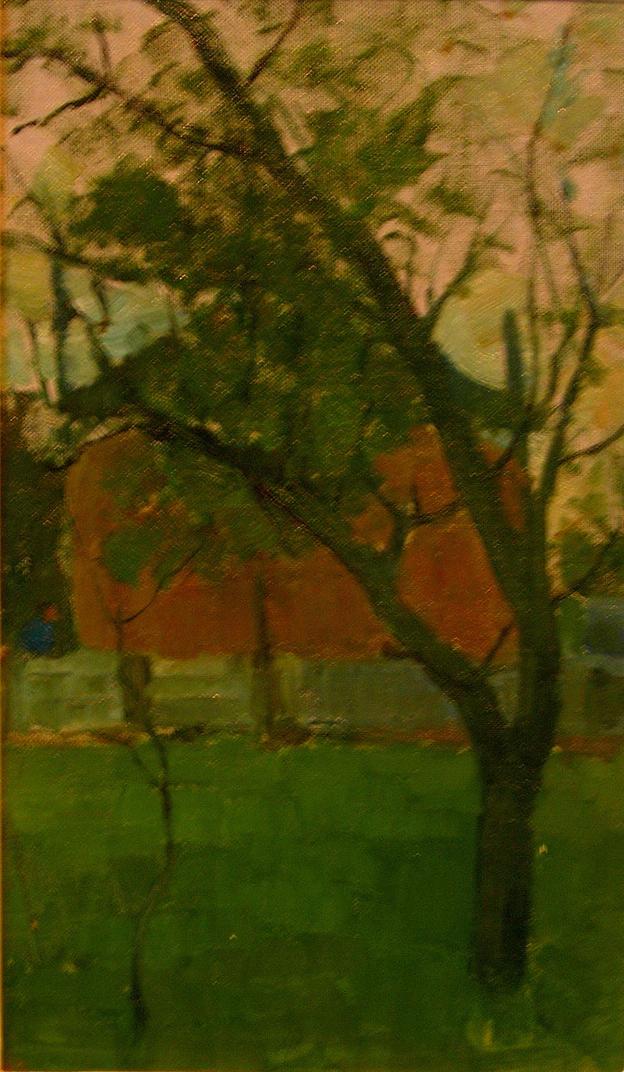 Hooiberg achter silhouet van boom (1900)